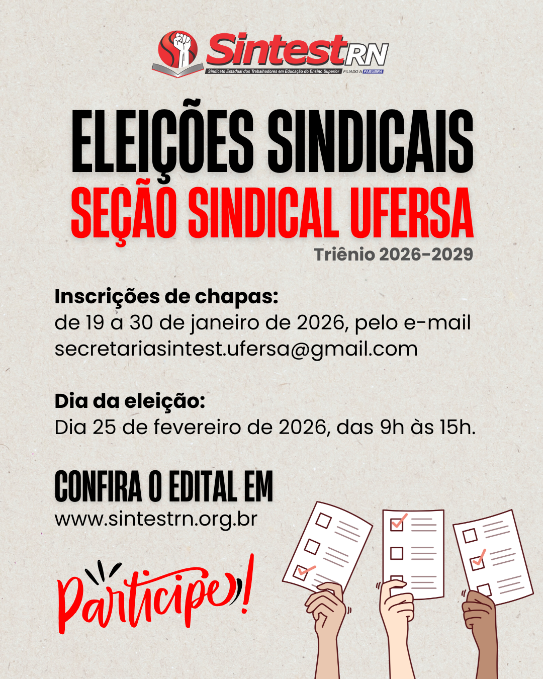 EDITAL DE CONVOCAÇÃO: ELEIÇÕES SINTEST-RN (SEÇÃO SINDICAL UFERSA)