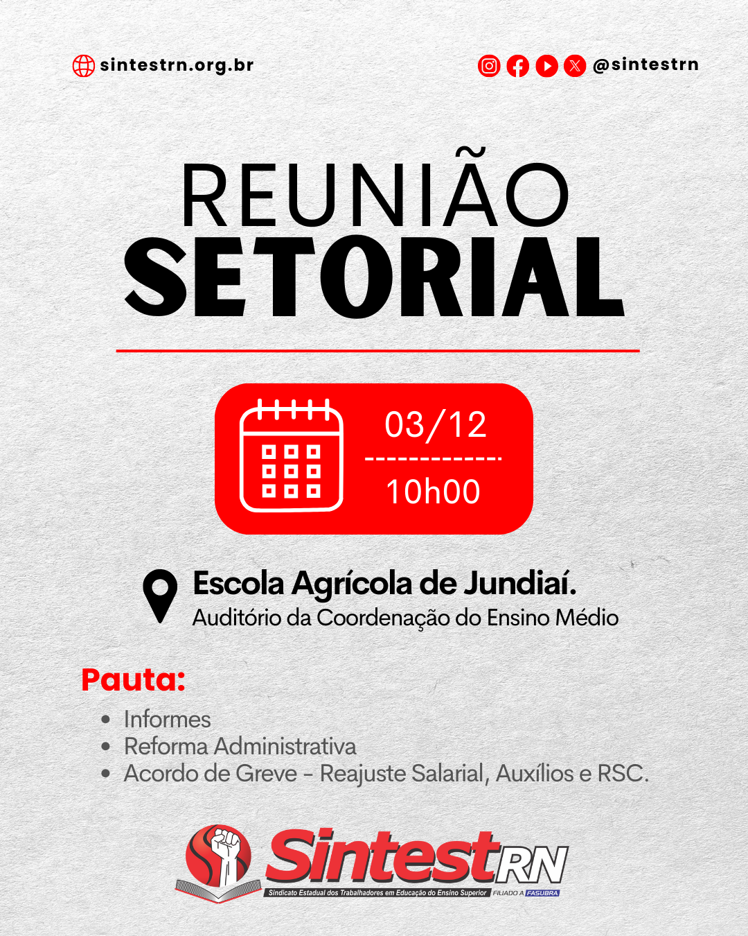 SINTEST convoca servidores da Escola Agrícola de Jundiaí para reunião setorial