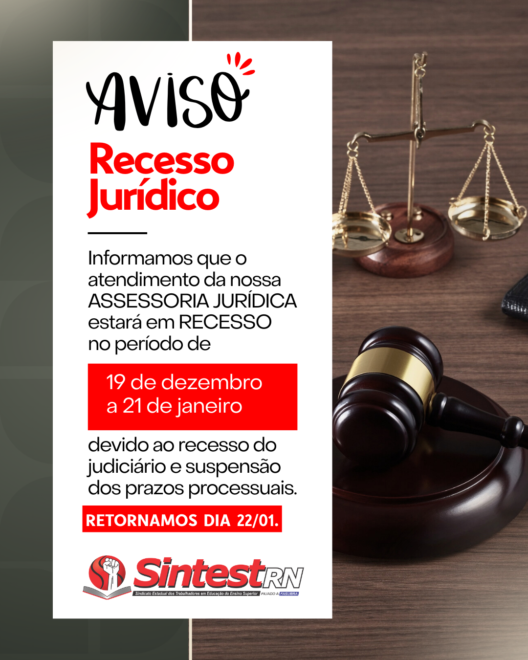Comunicado – Recesso da Assessoria Jurídica