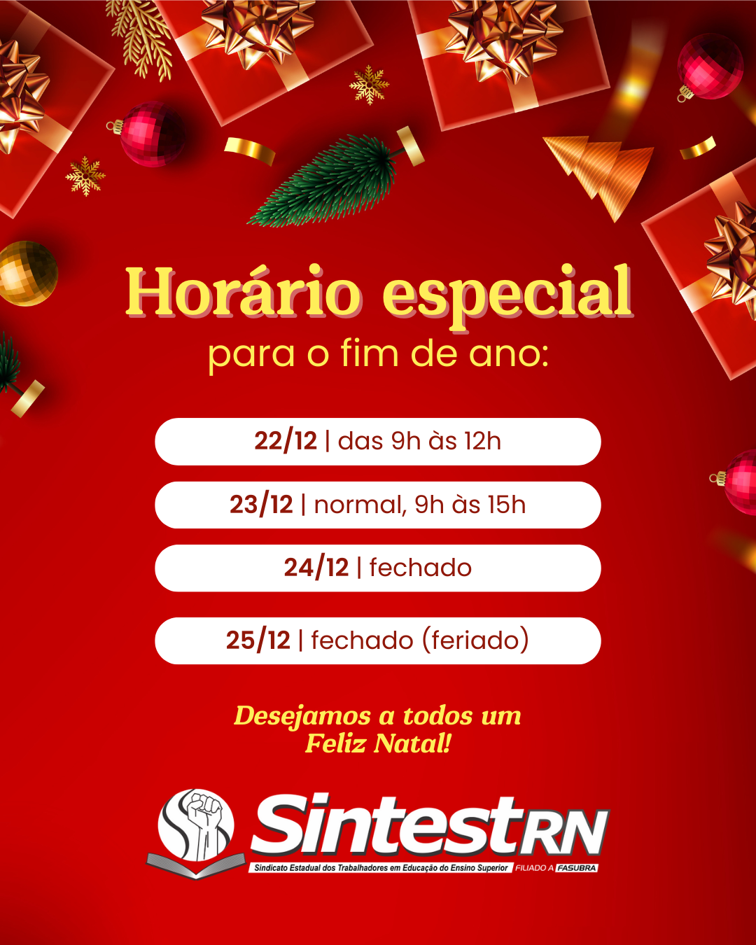 Aviso – Horário especial de funcionamento (Fim de Ano)