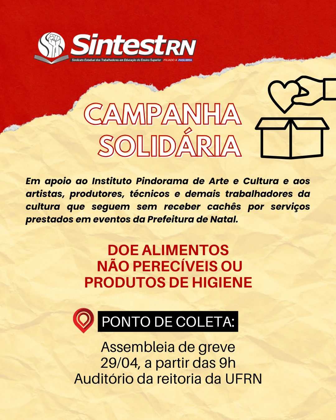SINTEST-RN promove campanha de solidariedade ao Instituto Pindorama de Arte e Cultura