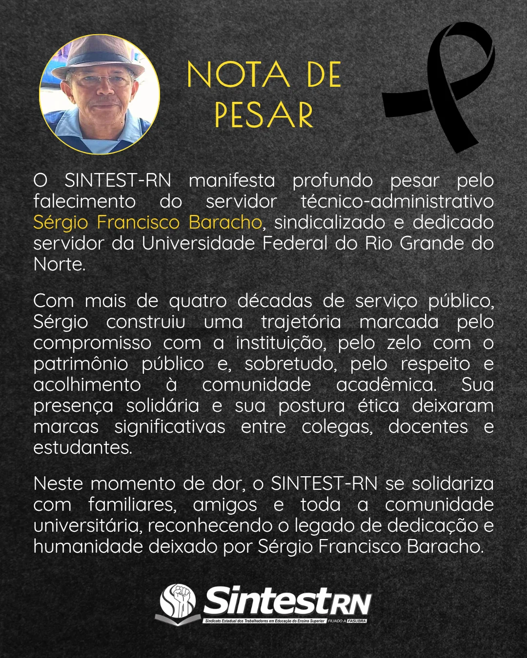 Nota de pesar pelo falecimento do servidor Sérgio Francisco Baracho